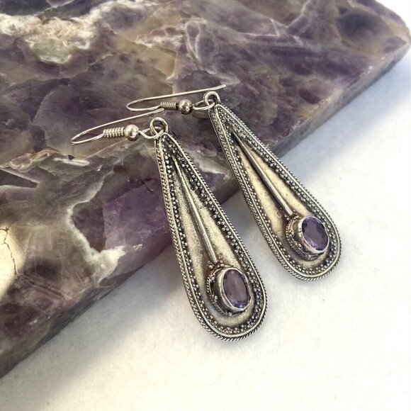 Sterling Silver 925 OKA Bali Oval Amethyst Teardrop Dangle Drop Earrings - Picture 3 of 16